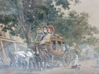 Large 19th C American Stagecoach And Horses Print In Original Frame
