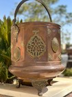 Antique Ornate Copper Planter Bowl Container With Ornate Brass Inlay   Claw Feet