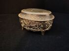 Vintage Gold Tone Floral Trinket Jewelry Box Fabric Lined  Nice Condition 