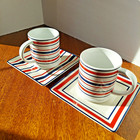 Tommy Hilfiger Coffee tea Mugs Red White Blue Striped 16oz With Saucers Lot Of 2