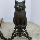 Vintage Cast Iron Black Cat Andirons Marked   10 White Round Glass Eyes