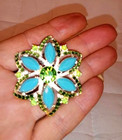 Floral Flower Rhinestone Brooch Pin Silver Tone Green Blue Cabochon Statement