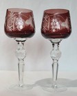 2 Vintage Crystal Bohemian Amethyst Cut To Clear Long Stem Glasses Match