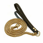 Heavy Duty Chain Dog Leash Pet Leash Gold Plated Cuban Chain Link Leather Handle