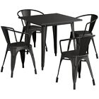 31 5   Square Black Metal Restaurant Table Set With 4 Armchairs For Outdoor Use