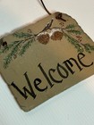 Welcome Sign Handpainted Rock Stone Plaque Wall Hanging Pinecone Christmas Tree