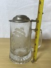 Glass Lidded Beer Stein  Hinged Pewter Lid  Etched Sailing Ship Breweriana