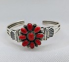 Southwest Sterling Silver Coral Medallion Cluster Cuff Bracelet
