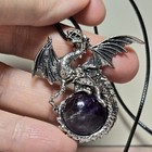 Natural Polished Amethyst Crystal Stone Dragon Pendant Necklace On Black Cord