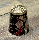 Vintage Cloisonne Enameled Thimble Brass Black Enamel Bird Dove Flowers
