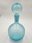 Vintage Glass Decanter Textured W rounded Base Round Stopper Teal Blue Mcm 12   