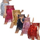 Womens Belly Dance Hip Scarf Shiny Side Tying Tiered Sequined Fringe Wrap Skirt
