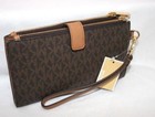 New Michael Kors Mk Signature Double Zip Phone Case Wallet Wristlet Brown