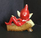 Vintage Mid Century Mcm Elf Pixie Open Mouth Log Figurine - Made In Japan