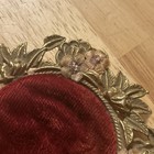 Vintage Victorian Style Pin Cushion Red Velvet Metal Base Leaves Flowers