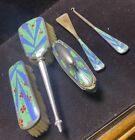 Art Deco 5 Pcs Sterling Silver Enamel Dressing Table Vanity Set