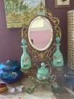 Antique Gilt Vanity Mirror Set Opaline Mint Green Glass Perfume Bottles France
