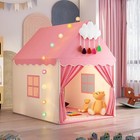 Pink Kids Play Tent With Mat  Cloud And Ball Lights Large Playhouse For Child   