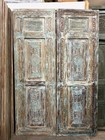 Antique Carved Wood Door Distressed Bluewash Sunburst Medallion Design Barn Door