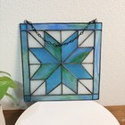 Vintage Stained Glass Window Panel Suncatcher Quilt Geometric Blue Green