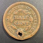 1853 Braided Hair Half Cent 1 2c Type Coin Holed Low Mintage Scarce