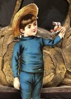 Victorian Die Cut Scrap Of Boy In Blue Holding A Crab - L2