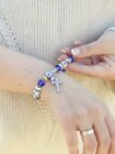 Blue Crystal Beads Cross Rosary Bracelet Communion Gift Stretch Wrist Bangle