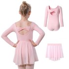Long Sleeve Pink Girls Ballet Leotards With Removable Skirt Toddler Hollow Ba   