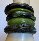 Vintage Art Deco Carved Bakelite Collection Green Black Stack 5  Unique Bangles