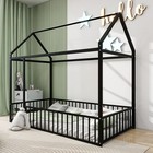 Twin Size Metal Bed House Bed Frame With Fence  For Kids  Teens  Girls  Boys  Bl