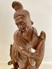 Vintage Oriental Carved Wood Fisherman Figurine Holding A Fish