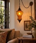 Vintage Mcm Amber Glass Swag Lamp 25  Hollywood Regency Plug In Hanging Light 