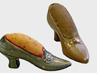 2 Antique Pin Cushion  Shoe S  Silver And Copper Sewing Vintage Collectible Bows