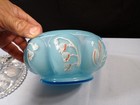 Large Fenton Blue Overlay Glass Melon Dresser Puff Box W  Enamel Decoration  2