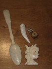 Antique Lot Of 5 Carved Items 19th Century Very Rare Handmade Pendant Spoon Dice