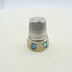 Vintage Made In Italy 925 Sterling Silver Thimble Blue Stones Cabochons
