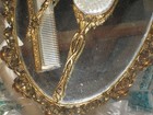 Vintage Gold Toned Vanity Set With Mirrored Tray Hand Mirror Brush Comb