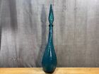Vintage Blue Glass Decanter Italy Mcm Tall Genie Bottle Hobnail Stopper Empoli