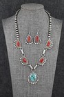 Turquoise  Coral   Sterling Silver Necklace And Earrings Set - Tom Lewis