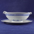 Tienshan Rice Flower Gravy Boat W Attached Plate Blue White Translucent Vintage