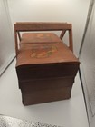 Vintage Wood Tiered Foldout Accordian Style Sewing Box Hand Painted Design  T7