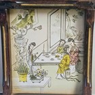 Vintage Asian Wall Hanging  Ornate Wood Pogoda Frame Asian Girls  Antique Print 