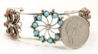Vintage Zuni Sterling Silver Turquoise Coral Snake Eyes Butterfly Cuff Bracelet