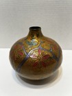 Vintage Hand Painted Enamel Etched Brass Floral Vase 5 X 6  Made In India