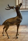 Mcm Vtg  Pair Set Large Solid Brass Deer Figurine Statues Buck 14    Doe 9    Decor
