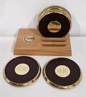 Vintage Brass Leather Cork Coasters Set  4  And Solid Oak Wood Base Monogrammed