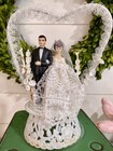 Vintage Plastic And Lace Bride   Groom Wedding Cake Topper Heart Shaped Arch Mcm