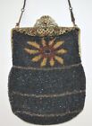 Antique Glass Beaded Purse Ornate Filigree Metal Frame With Rhinestones Xlnt