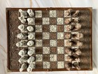 Rare Wood And Stone Aztec Spanish Folding Chess Board Set Complete  Great Cond