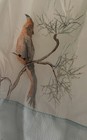 Vintage Half Apron White   Blue Sheer Textured With Painted Bird